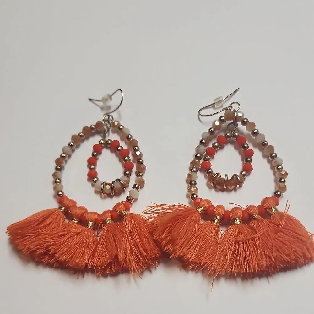Orange Tassel Beaded Earrings